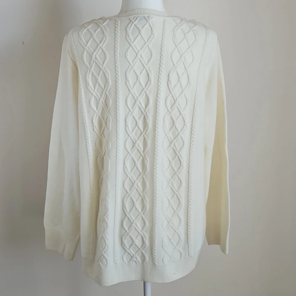 Talbots Cable Knit Sweater Cream Button Shouders 30% Lambswool 2X Soft Neutral